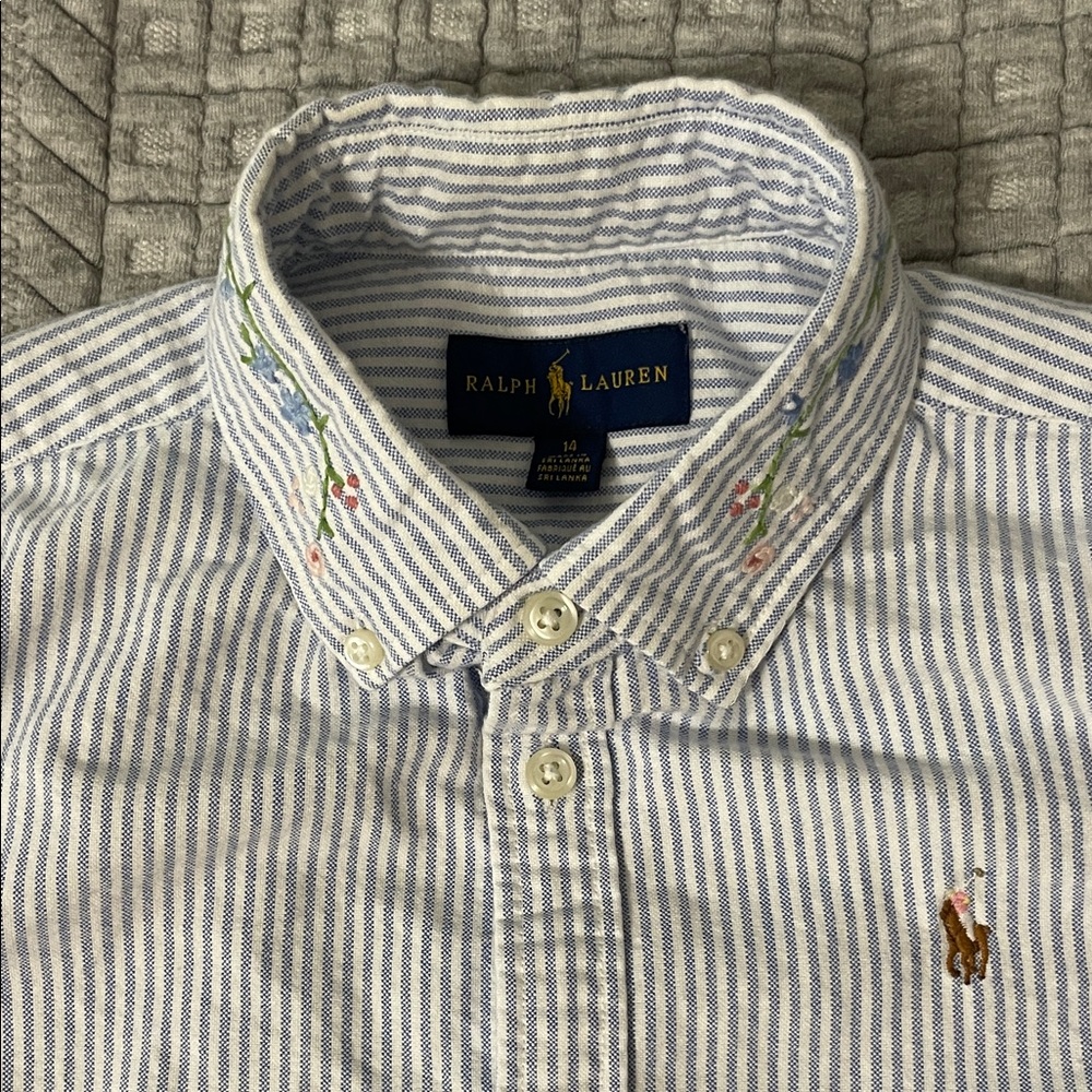 Ralph Lauren White and Blue Striped Shirt with Floral Collar Embroidery